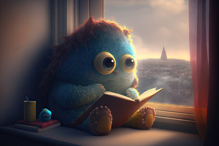 cute monster sits on windowsill, reading a book while looking out at the view, created with generative aiの素材