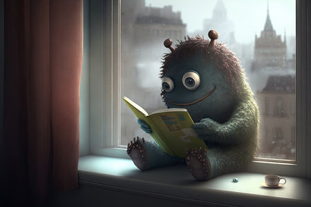 cute monster sits on windowsill, reading a book while looking out at the view, created with generative aiの素材