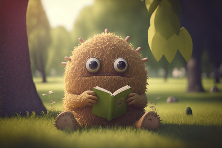 cute monster reads a book in the park, surrounded by nature, created with generative aiの素材