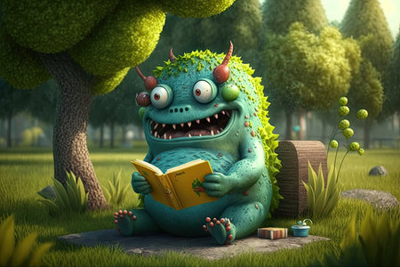 cute monster reads a book in the park, surrounded by nature, created with generative aiの素材