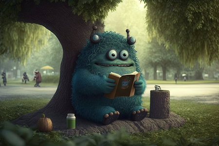 cute monster reads a book in the park, surrounded by nature, created with generative aiの素材