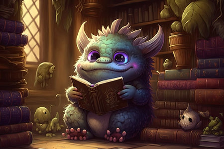 cute monster reading in a magical library, surrounded by towering bookshelves and beautiful artwork, created with generative aiの素材