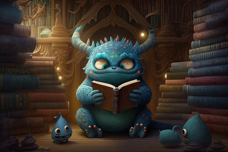 cute monster reading in a magical library, surrounded by towering bookshelves and beautiful artwork, created with generative aiの素材