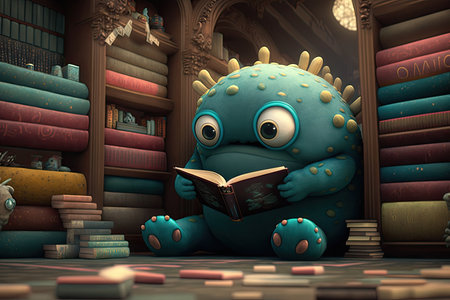 cute monster reading in a magical library, surrounded by towering bookshelves and beautiful artwork, created with generative aiの素材