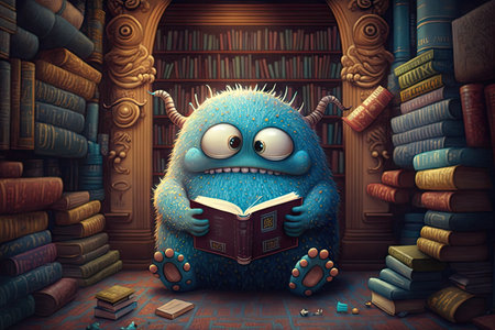 cute monster reading in a magical library, surrounded by towering bookshelves and beautiful artwork, created with generative aiの素材