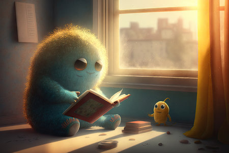 cute monster sits in window sill, reading book with the sun shining through, created with generative aiの素材