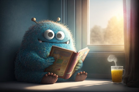 cute monster sits in window sill, reading book with the sun shining through, created with generative aiの素材