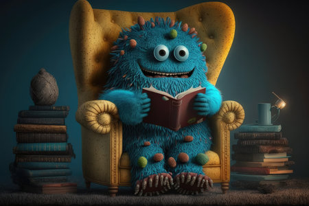 cute monster is reading mystery novel in cozy armchair, created with generative aiの素材