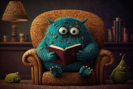 cute monster is reading mystery novel in cozy armchair, created with generative aiの素材