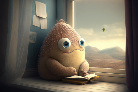 cute monster sits on window sill, reading book with view of the outside world, created with generative aiの素材