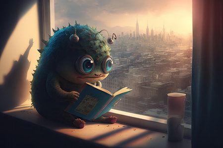cute monster sits on windowsill, reading book and looking out at the cityscape below, created with generative aiの素材