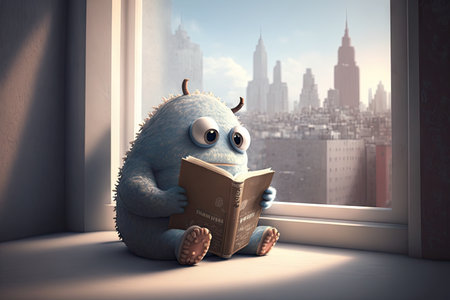 cute monster sits on windowsill, reading book and looking out at the cityscape below, created with generative aiの素材