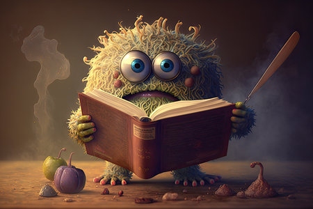 cute monster reads a cookbook and prepares delicious meal, created with generative aiの素材