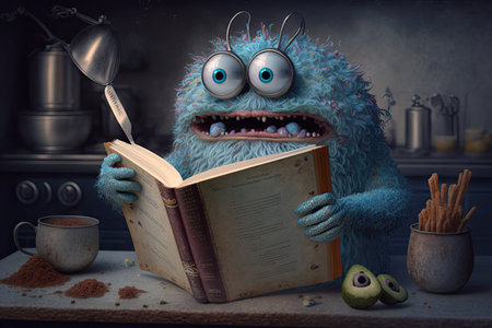 cute monster reads a cookbook and prepares delicious meal, created with generative aiの素材