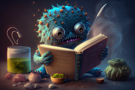 cute monster reads a cookbook and prepares delicious meal, created with generative aiの素材