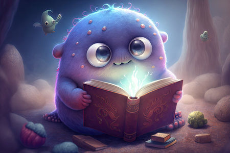 cute monster reads magical book, with magic and spells in the air, created with generative aiの素材