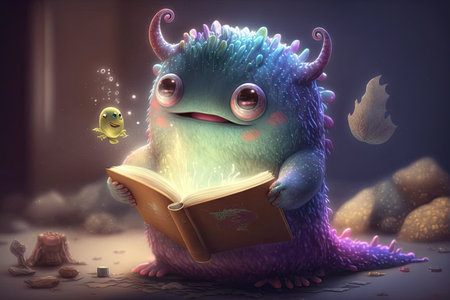 cute monster reads magical book, with magic and spells in the air, created with generative aiの素材