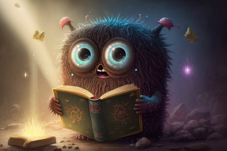 cute monster reads magical book, with magic and spells in the air, created with generative aiの素材