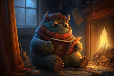 monster enjoys a cozy winter evening, reading by the fire, created with generative aiの素材