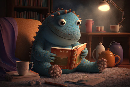 cute monster reading book while enjoying hot cup of tea in cozy living room, created with generative aiの素材