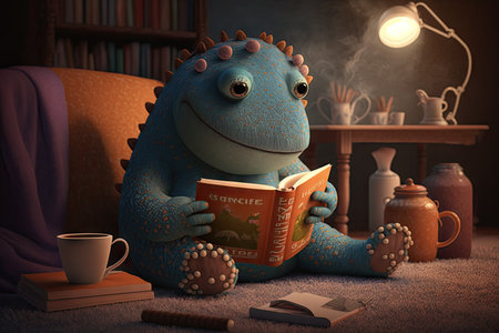 cute monster reading book while enjoying hot cup of tea in cozy living room, created with generative aiの素材