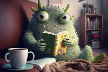 cute monster reading book while enjoying hot cup of tea in cozy living room, created with generative aiの素材