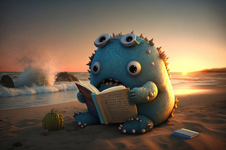 cute monster reading on beach, with view of ocean and sunset, created with generative aiの素材