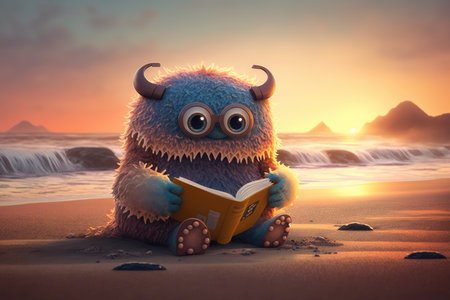 cute monster reading on beach, with view of ocean and sunset, created with generative aiの素材