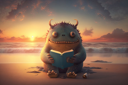 cute monster reading on beach, with view of ocean and sunset, created with generative aiの素材