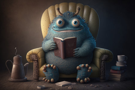 monster sits on armchair, with a book in hand and tea mug nearby, created with generative aiの素材