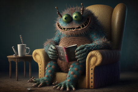 monster sits on armchair, with a book in hand and tea mug nearby, created with generative aiの素材