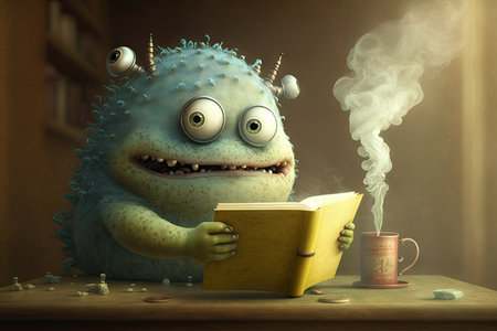 cute monster reads classic novel, with steam coming from its nostrils, created with generative aiの素材