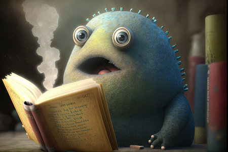 cute monster reads classic novel, with steam coming from its nostrils, created with generative aiの素材