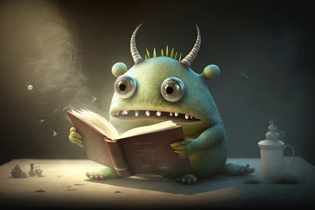 cute monster reads classic novel, with steam coming from its nostrils, created with generative aiの素材