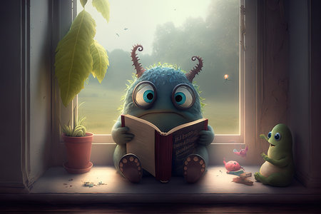 cute monster sits on window sill, reading book and looking out into the garden, created with generative aiの素材