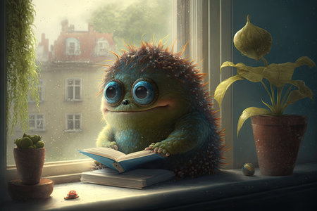 cute monster sits on window sill, reading book and looking out into the garden, created with generative aiの素材