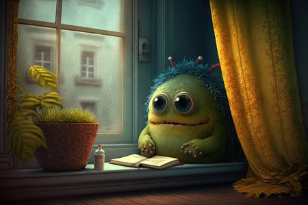 cute monster sits on window sill, reading book and looking out into the garden, created with generative aiの素材