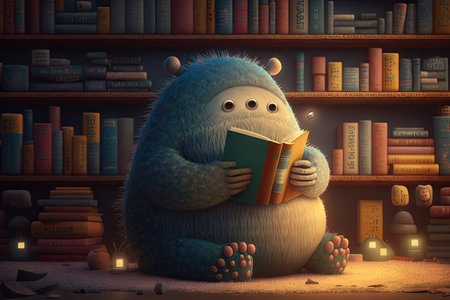 cute monster reads in cozy library, surrounded by towering bookshelves and warm lighting, created with generative aiの素材