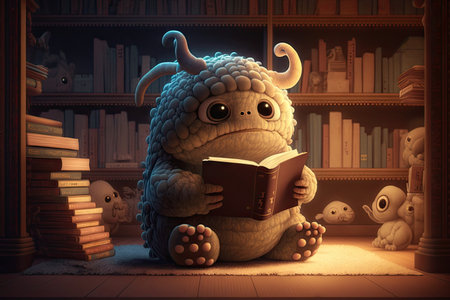 cute monster reads in cozy library, surrounded by towering bookshelves and warm lighting, created with generative aiの素材