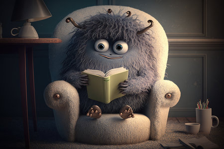 cute monster sits in cozy armchair with book, surrounded by warm and inviting setting, created with generative aiの素材