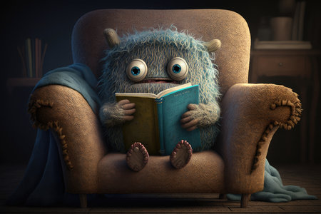 cute monster sits in cozy armchair with book, surrounded by warm and inviting setting, created with generative aiの素材