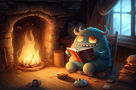 cute monster reading in cozy and warm cabin, surrounded by fireplace, created with generative aiの素材