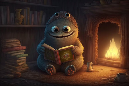 cute monster reading in cozy and warm cabin, surrounded by fireplace, created with generative aiの素材
