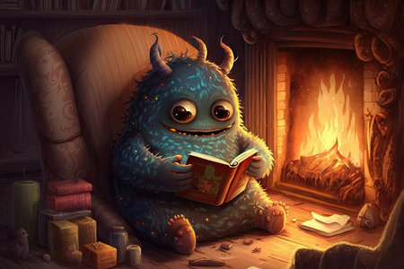cute monster reading in cozy and warm cabin, surrounded by fireplace, created with generative aiの素材