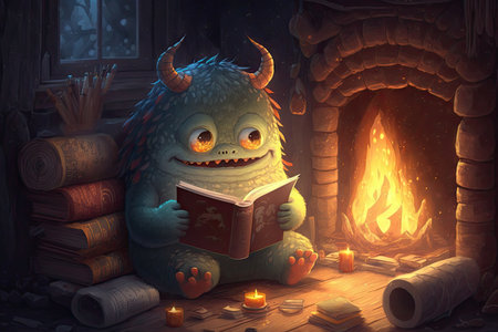 cute monster reading in cozy and warm cabin, surrounded by fireplace, created with generative aiの素材