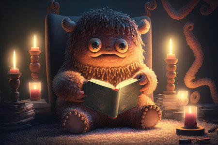 cute monster reads book in cozy armchair, surrounded by candles and warm lighting, created with generative aiの素材