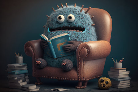 cute monster with stack of books, reading in cozy armchair, created with generative aiの素材