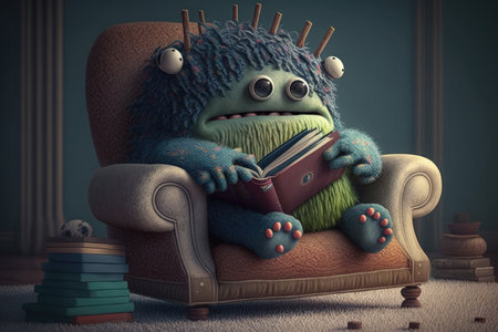 cute monster with stack of books, reading in cozy armchair, created with generative aiの素材