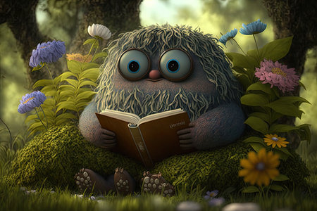 cute monster reads book in the park, surrounded by trees and flowers, created with generative aiの素材
