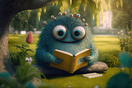 cute monster reads book in the park, surrounded by trees and flowers, created with generative aiの素材